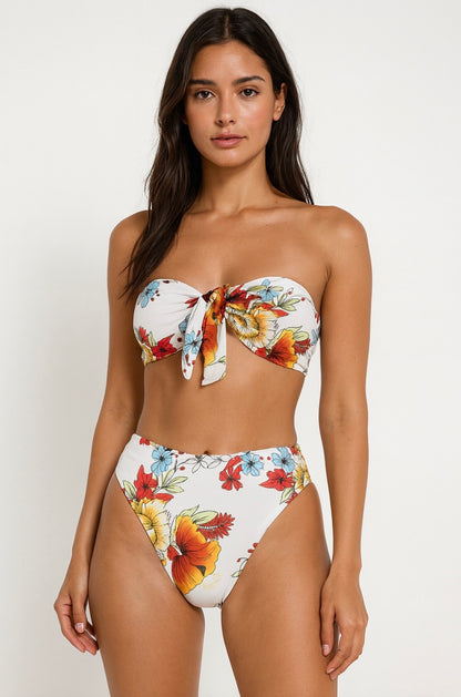 White Flowers Bandeau Bikini Set