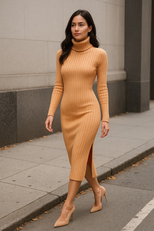 Fuzzy-knit Turtle Neck Dress with Split