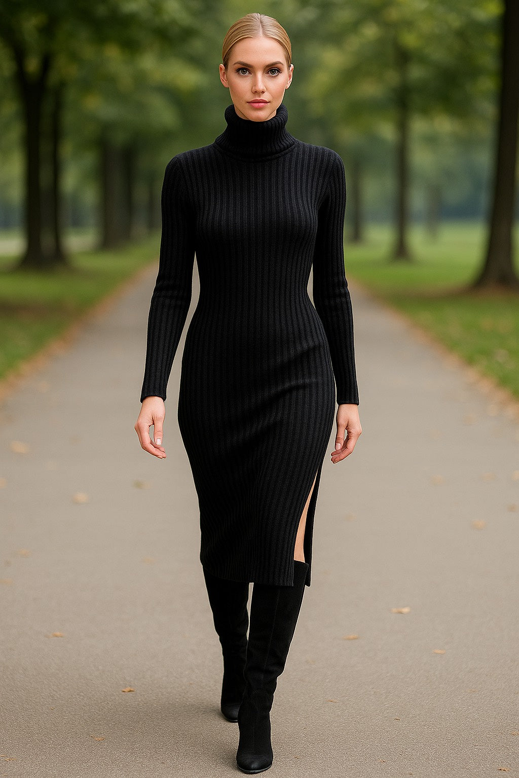 Fuzzy-knit Turtle Neck Dress with Split