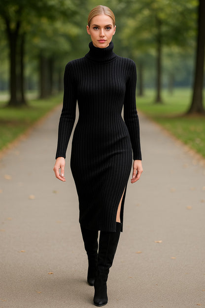 Fuzzy-knit Turtle Neck Dress with Split