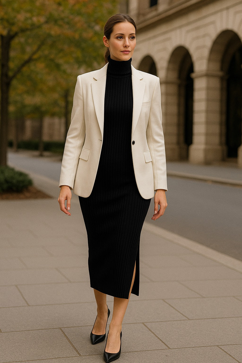 Fuzzy-knit Turtle Neck Dress with Split